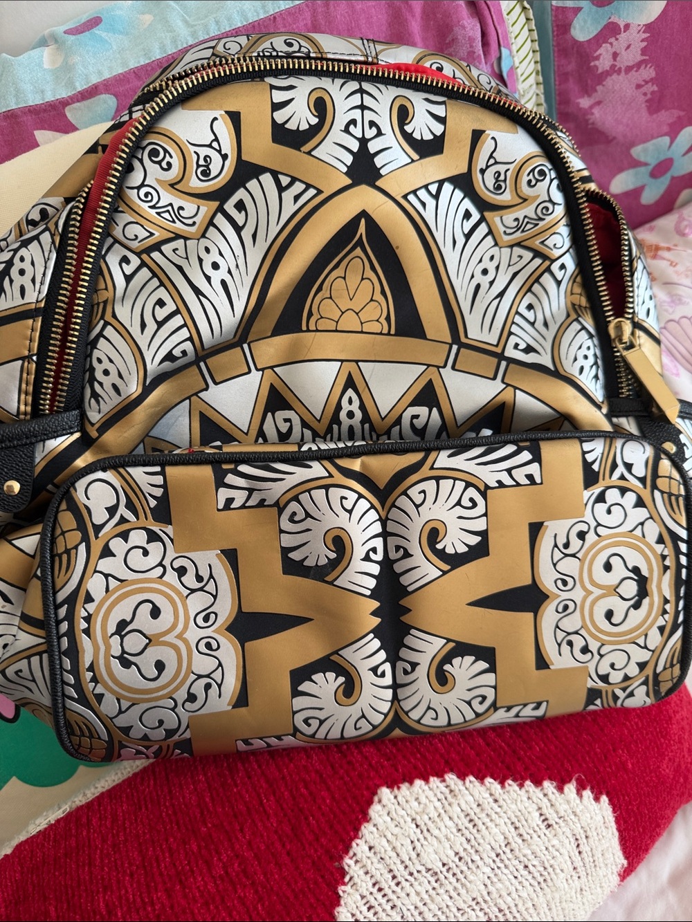 Sprayground Gold, Black & White Geometric Pattern Backpack